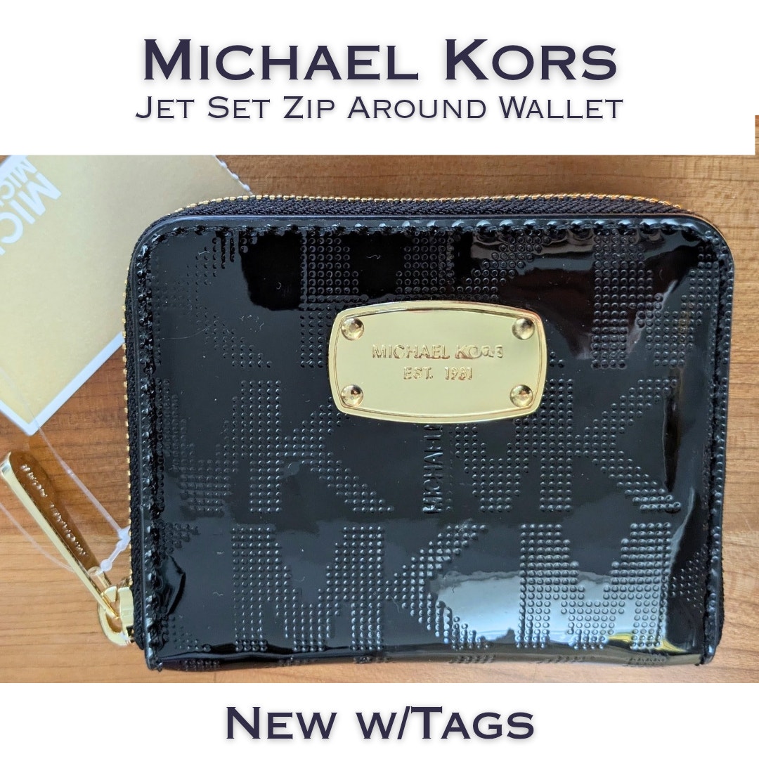 Michael Kors Jet Set Bifold Wallet Black Patent Monogram Logo Zip Around New